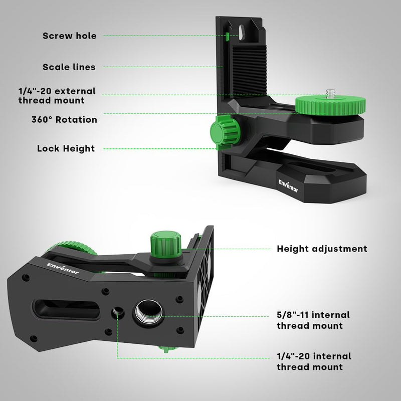 Enventor Fine-tuning Bracket for Laser Level, 1/4"-20 Male Threaded L-Shape Magnetic Pivoting Adapter for Wall & Ceiling Mounted, 360° Adjustable Support, Height Adjustment