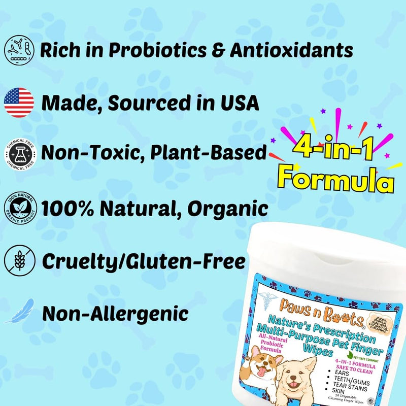 Multi-Purpose All-Natural Pet Finger Wipes, Organic, Safe, Non-Toxic Formulated Pre-Moistened Wipes. Remove Plaque & Whiten Teeth, Clear Ear Wax/Dirt Buildup, Soothe Dry Skin Folds, Remove Tear Stains - PawsPlanet Australia