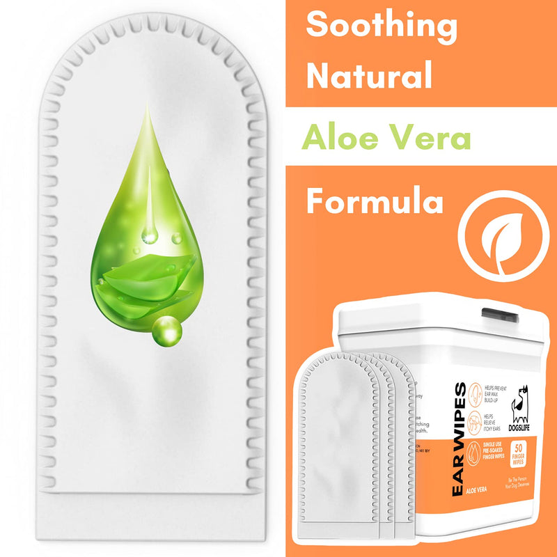 Dog Ear Wipes for Dogs | Ear Cleaning Wipes | Remove Wax, Dirt & Odor | Soothe Itchy Smelly Ears | 50 Soothing Aloe Vera Dog Ear Cleaner Finger Wipes