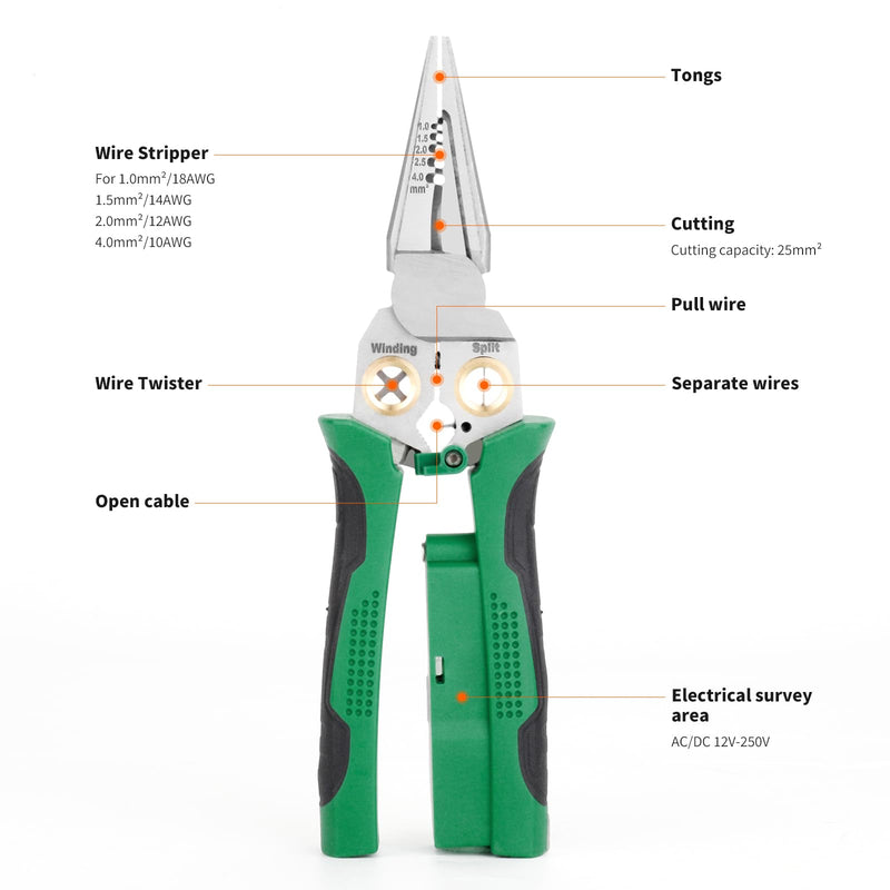 GADO 8in1 Wire Stripper Twister for Cutting and Pulling Wires, Cable Scissors,Voltage Tester Pliers, 12V to 250V Live,Null,Hot Wire Judgment AC DC, Audible and Flashing LED Alarms Green