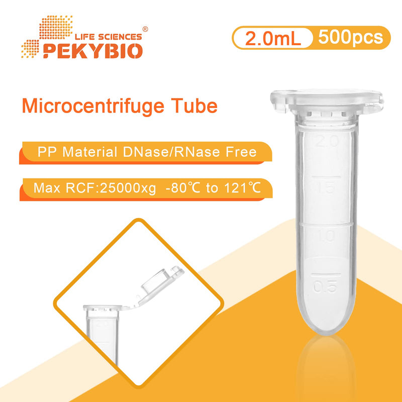 PEKYBIO 2.0ml Microcentrifuge Tubes, Disposable Polypropylene Lab Test Tube, Clear Plastic Graduated Tubes with Safe Lock Snap Cap, Pack of 500Pcs 500