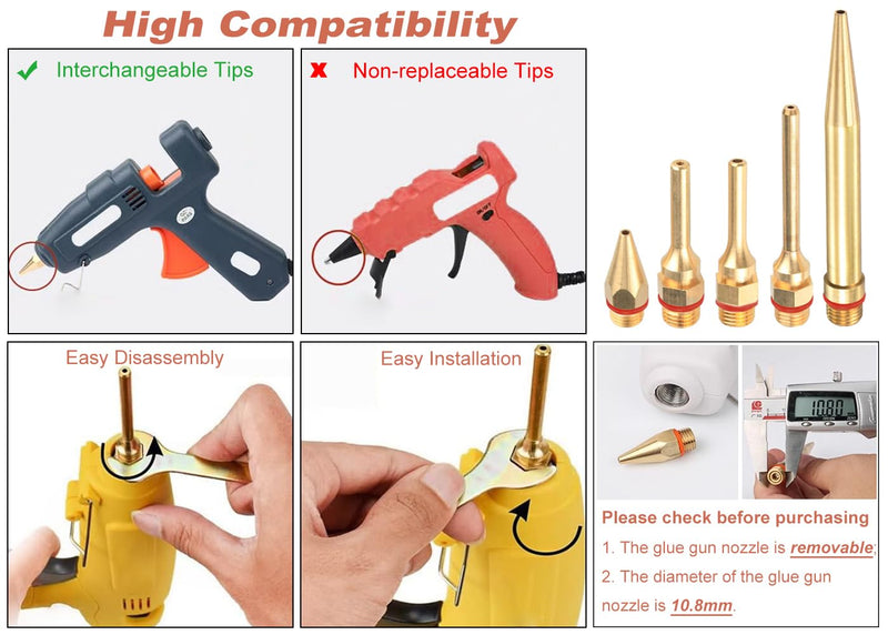 5Pcs Glue Gun Copper Nozzle Hot Glue Gun Tips with O-ring, Small Bore Long Tube Nozzles Thread Interchangeable Nozzle Set for Hot Melting Glue Gun Accessories 2.0x(34/50/70/100mm)+3.0x50mm