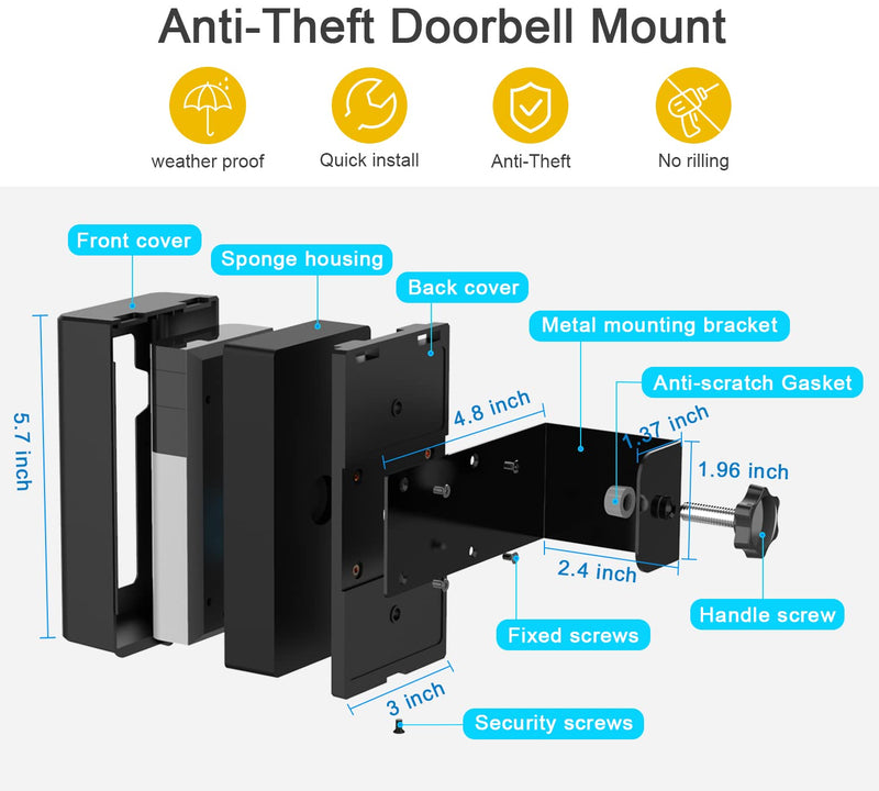 Anti-Theft Doorbell Door Mount,No-Drill Mounting Bracket for Video Doorbell 1/2/3/3 Plus/4/(2020 Release) Not Block Doorbell Motion Sensor for Home Apartment Office Room Rentals, Easy to Install