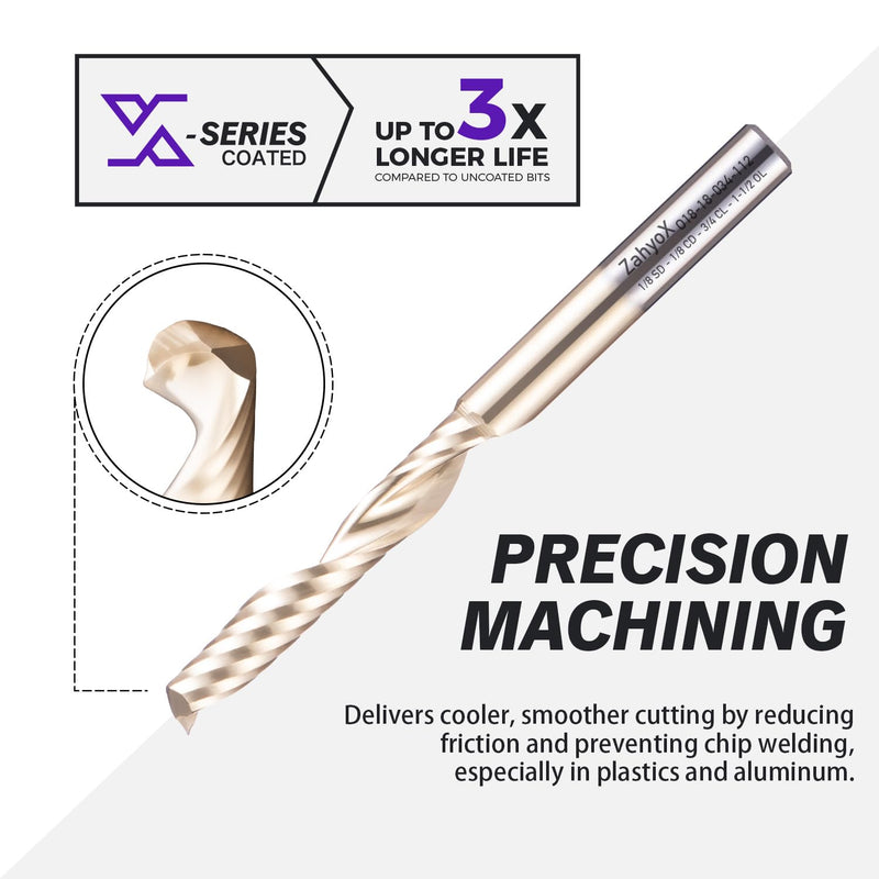ZahyoX O Flute Upcut Spiral Router Bit 1/8" Shank, 1/8" Cutting Dia, 3/4" Cutting Length, 1-1/2" OVL (Pack of 3), Single Flute CNC Bit for Plastic, PVC, Acrylic, ABS 3 Pack 1/8" CD, 1/8" CL