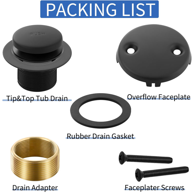 Matte Black Bathtub Drain Tip-Toe Tub Trim Set with Two-Hole Overflow Faceplate Bathroom Tub Drains Replacement Conversion Tub Drain Kit Assembly with Universal Fine & Coarse Thread Matte Black