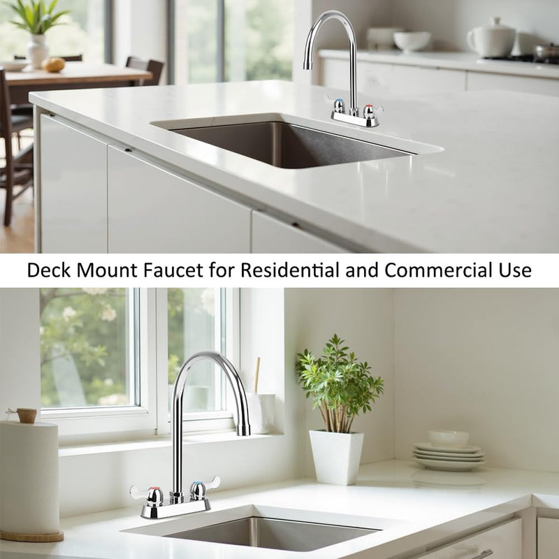 Commercial Bar Sink Faucet with 8" Gooseneck Spout, 4 Inch Center Deck Mount Hand Sink Faucet for Laundry, Restaurant, Utility Sink, Brass Constructed