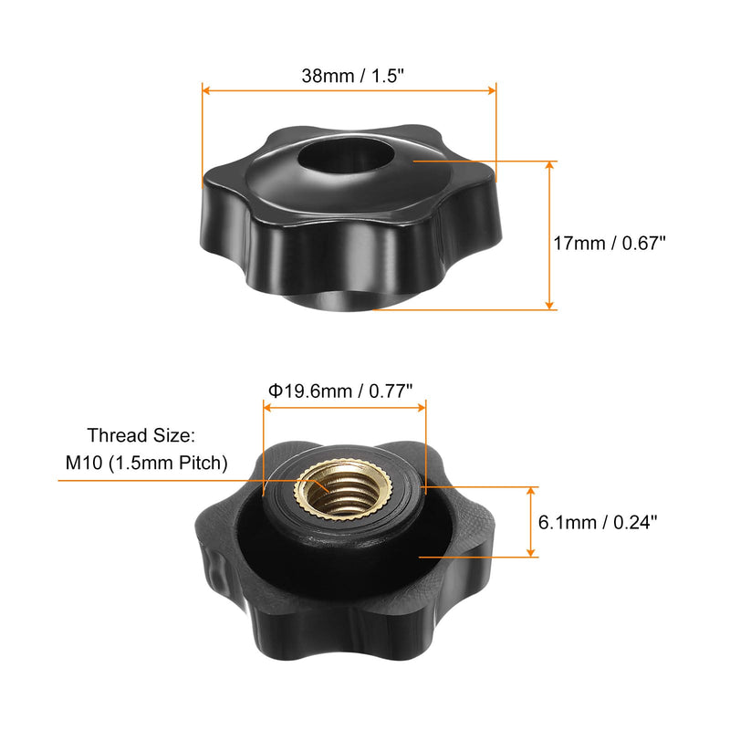 HARFINGTON 4pcs Star Knobs M10 Female Thread 38mm Head Plastic Through Hole Brass Screw-in Clamping Handles Threaded Hand Knobs, Black M10 x 38mm