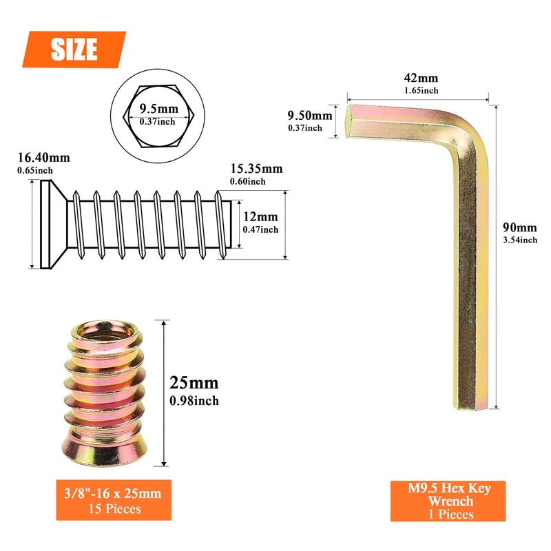 3/8-16 Threaded Inserts, Wood Inserts, Steel Threaded Inserts for Wood Furniture Screw, HELIFOUNER 15 Pieces 3/8”-16 x 25mm Threaded Inserts with Hex Wrench for Wood Furniture 3/8"-16 x 25mm