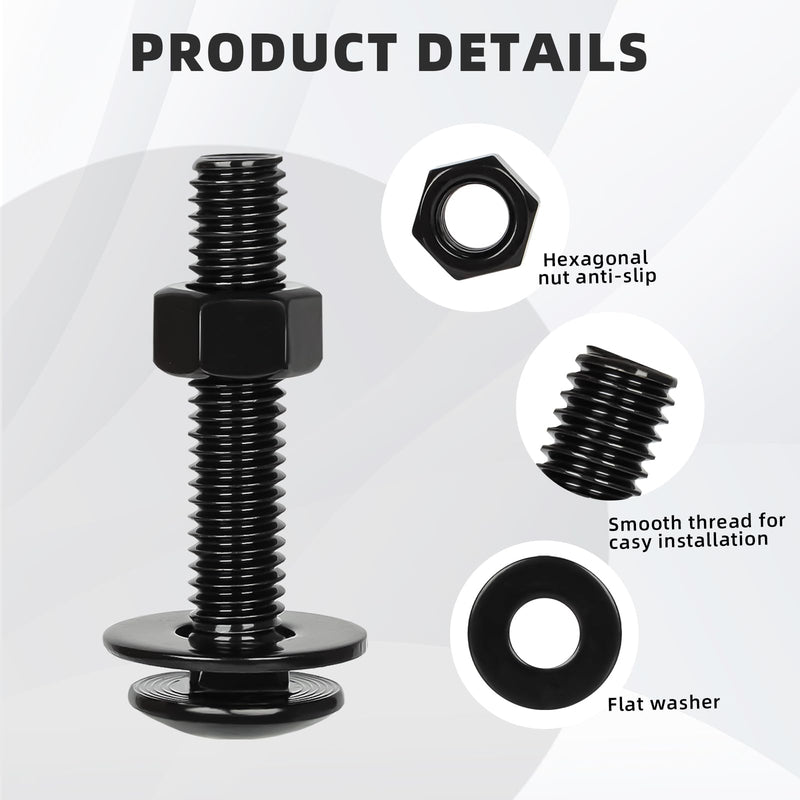 1/4-20 x 1-1/2" Carriage Bolt Kit, Stainless Steel 304 Carriage Bolts Screws with Hex Nuts & Flat Washers, Round Head Square Neck, Full Thread, Black Finish, 12 Sets 1/4-20 x 1-1/2"