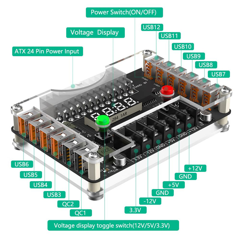 Mustpoint New Version ATX Power Supply Breakout Board and Acrylic Case Kit with 3.3V, 5V, 12V,-12V Output Voltage and 12 Ports USB, 3A Maximum Output (Side-Insertion)
