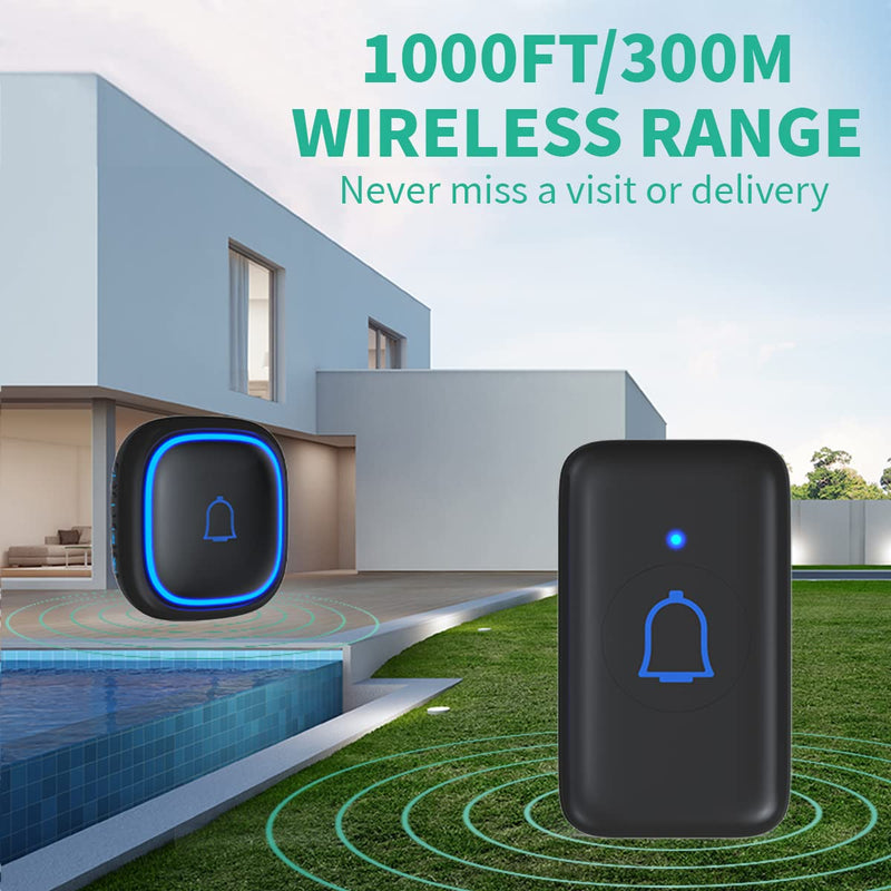 Doorbell Wireless Doorbell Classroom Doorbell IP66 Waterproof 115dB with 56 Chimes Door Bell Ringer Wireless 1000ft Range Battery Doorbells Chime Kit 7 Levels Volume Mute Mode for Home Kid Room Office C-Black