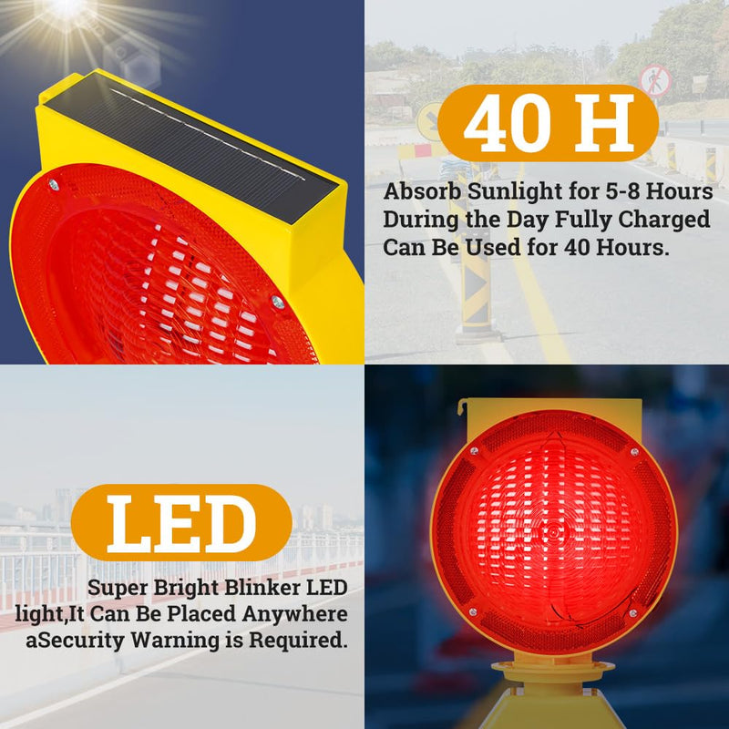 Solar Industrial Warning Lights,Wireless Waterproof Rechargeable Safety Barricade Warning Lights,Traffic Signal Flashing 2 Sided Visibility Amber LED for Road Construction and Vehicle Emergency Red
