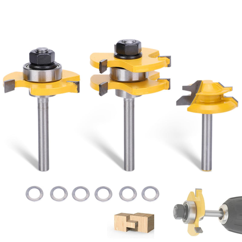3PCS Router Bit Set, Tongue and Groove Router Bit Set 3 Teeth T Shape 1/4 Shank Lock Miter Adjustable T-Shape Wood Milling Cutter for Cabinets, Flooring, and Woodworking