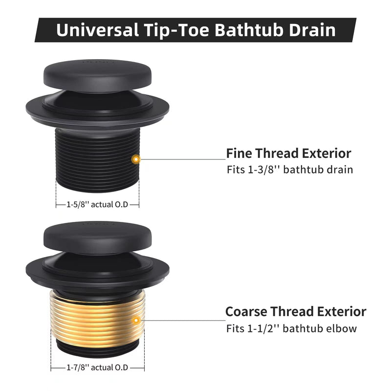 Matte Black Bath Tub Drain and Overflow Kit, Universal All Metal Tip-Toe Bathtub Drain Replacement Kit with Fine/Coarse Thread Matte Black