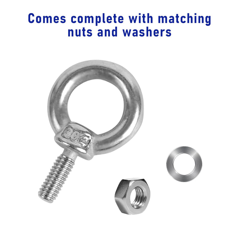 6 Pack M6 Eye Bolts with Nuts Stainless Steel M6 Screw Eyebolt Heavy Duty Eye Bolt Male Screw Thread Ring Shoulder Eye Bolts