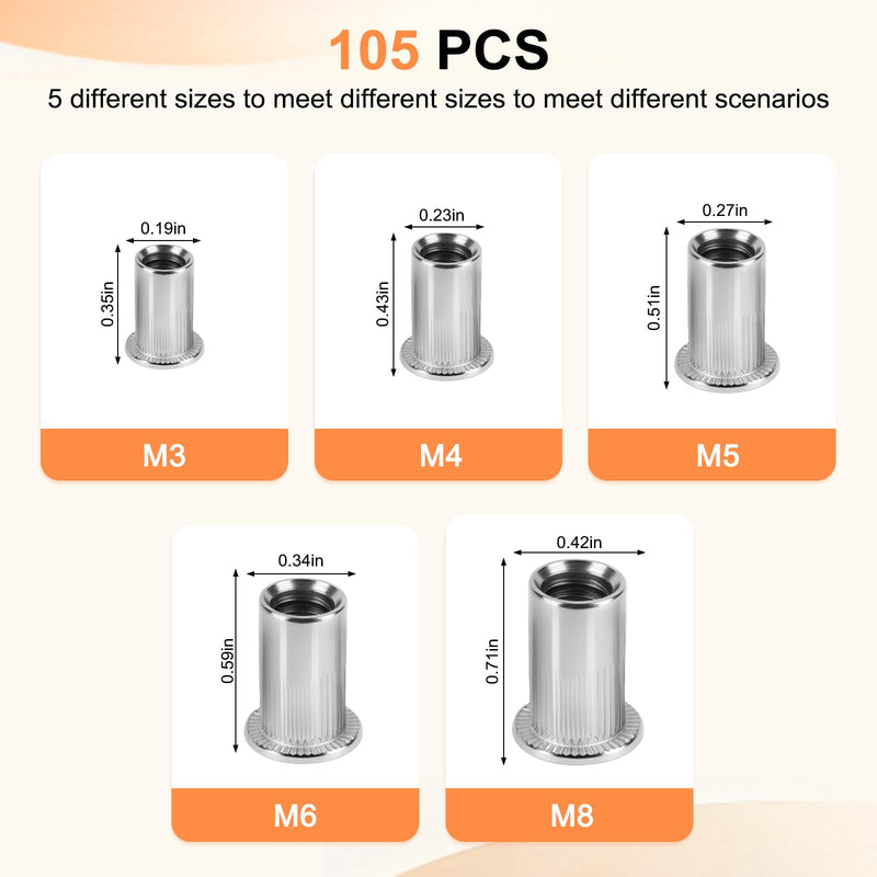 Metric Rivet Nut Assortment Kit, 105Pcs 304 Stainless Steel SAE Rivet Nut, M3 M4 M5 M6 M8 UNC Flat Head Rivnut Set, Threaded Insertion Nut Sets for Automotive, Mechanical and Other Equipment