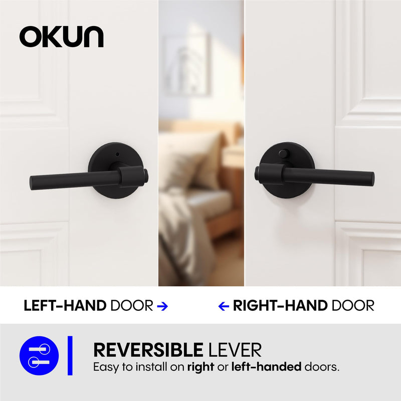 Okun Zen 1-Pack Matte Black Privacy Door Levers – Push Button Lock, Reversible, Sleek Concealed-Mount Design for Bedroom & Bathroom 1 Pack
