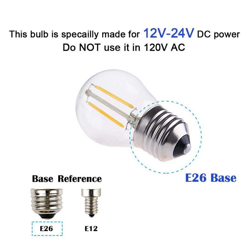Low Voltage Mini Globe LED Bulb, AC 12V / DC 12V Input, 2W 200Lm, Dimmable with 12V DC Dimmer, E26 Base, Warm White Light, 25W Incandescent Replacement, for 12 Volt Power Grid, 6-Pack 2w-12 Volt-6 Pack