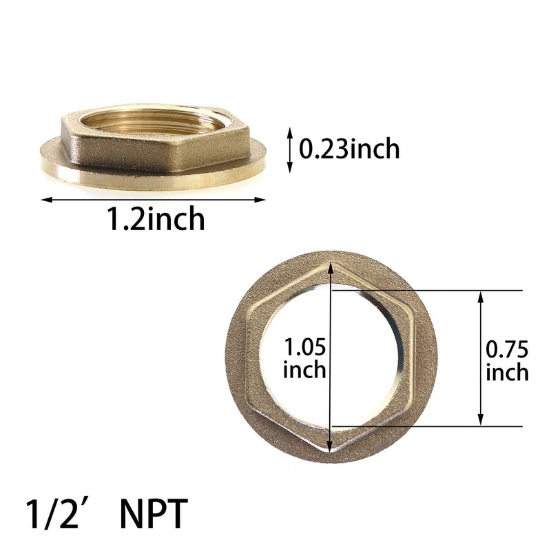 MEETOOT 4pcs Brass Lock Nuts Pipe Fitting 1/2 Inch NPT Female Lock Nut Gasket NPT Female Brass Flange Hex Lock Nut Suitable for Water, Gas, Oil