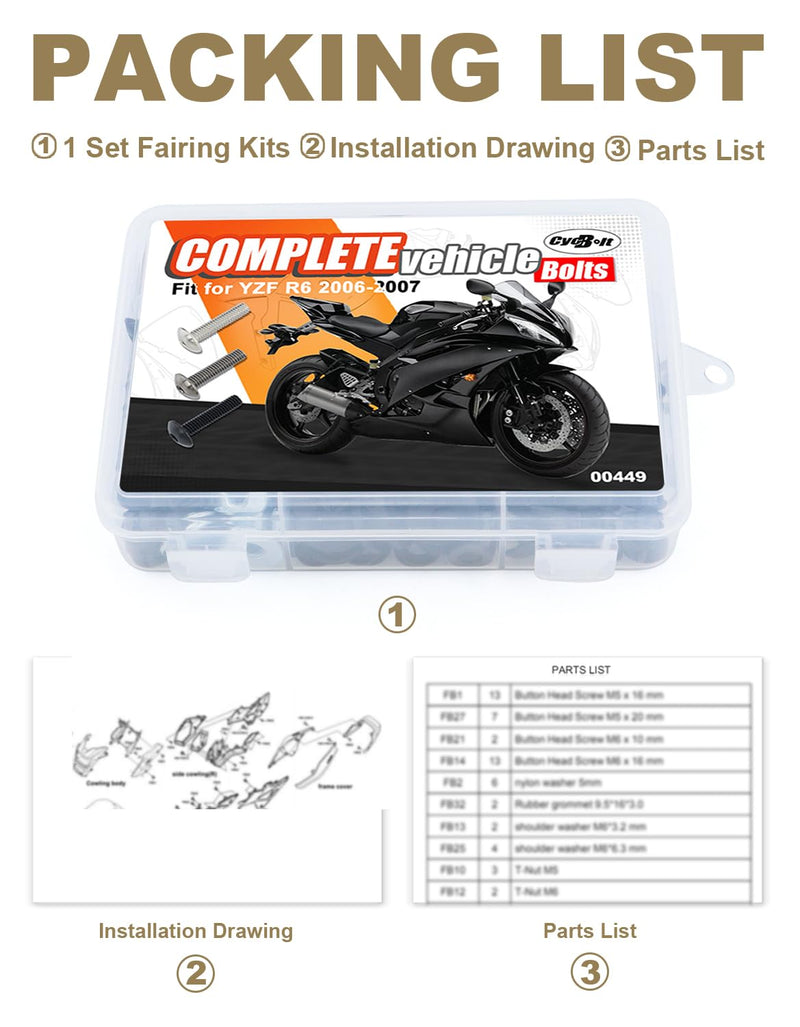 Full Sets Fairing Bolts Kit Compatible with YZF-R6 2006-2007 | Fit for YZF R6 Fairing Bolt Mounting Kits Cowling Screws Complete Cowling Screw Nut Fasteners Accessories