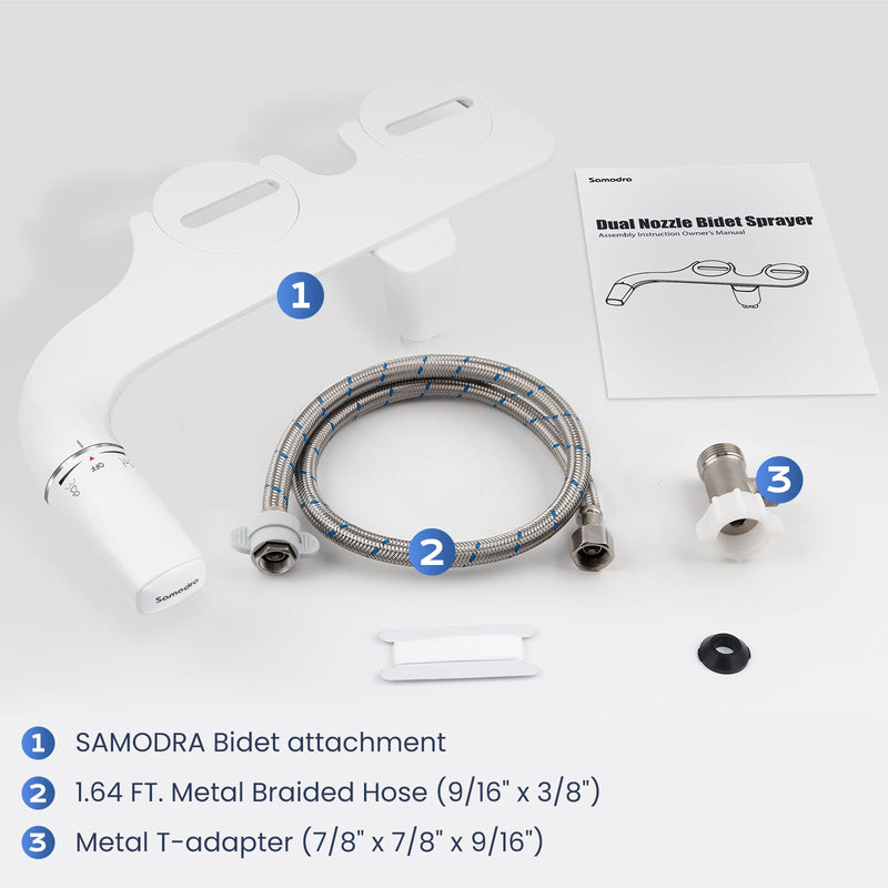 SAMODRA Ultra-Slim Bidet Attachment for Toilet - Dual Nozzle (Frontal & Rear Wash) Hygienic Bidets for Existing Toilets - Adjustable Water Pressure Fresh Water Toilet Bidet - Easy to Install Dual Nozzles(Rear & Feminine Wash) Silver