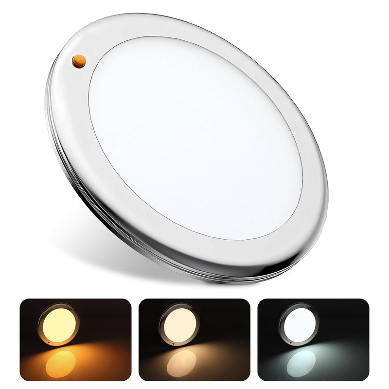 7" LED Marine Boat Ceiling Dome Light 3CCT RV Lights Interior Stainless Surface Mount Cabin Lights with Push Button 12V Light Fixture for Truck Camper Trailers Yacht Silver