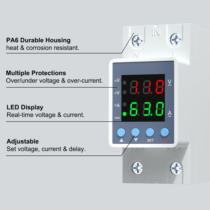 Multifunctional Over/Under Voltage Protector, 120VAC 63A, Current & Voltage Adjustable Protective Relay, LED Display, DIN Rail Mount
