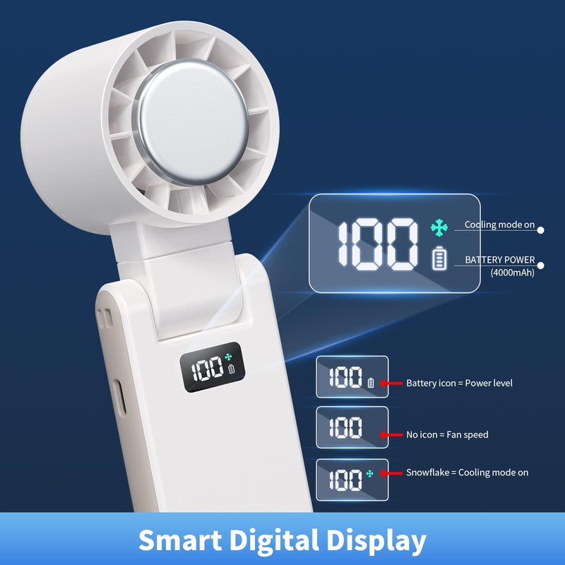 OTPEIR Portable Handheld Turbo Fan with Cooling Tech, Digital Display, 100-Speed Control, Rechargeable 4-in-1 Personal Fan for Travel, Outdoor, Office (White) White