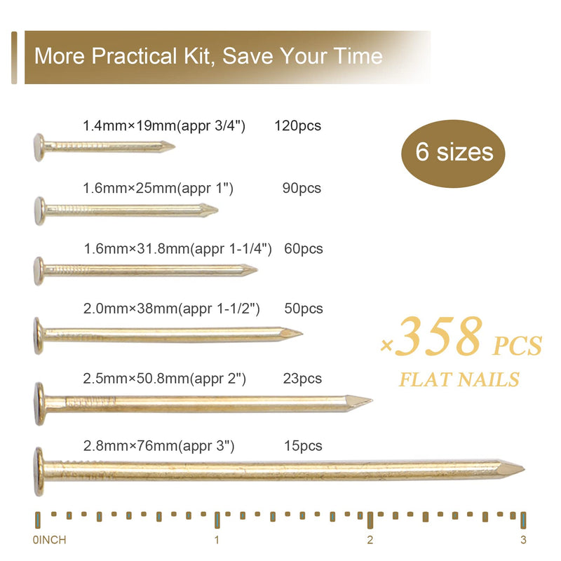 6 Sizes Gold Hardware Nails Assortment Kit, 358pcs, Brass Plated, Nails for Hanging Pictures, Finishing Nails, Wood Nails, Wall Nails for Hanging (3”, 2”, 1-1/2”, 1-1/4", 1”, 3/4") 358