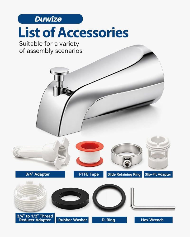 Universal Bathtub Faucet with Diverter, Tub Spout Replacement Fits 1/2" Slip-on Copper Pipe and 1/2" & 3/4" IPS Threaded, Bathroom Tub Faucet Set with Adapters and Hex Wrench (Chrome) Chrome