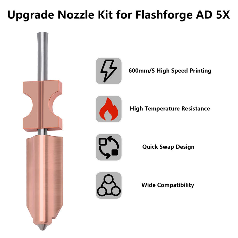 5 PCS Quick-Swap Nozzles Kit for AD5X, 2 PCS 0.4mm, 1 PC 0.25mm, 1 PC 0.6mm, 1 PC 0.8mm Hardened Steel Tip Integrated Nozzles with 5 PCS Silicone Socks and Nozzle Wiper for Flashforge AD5X Multi Size