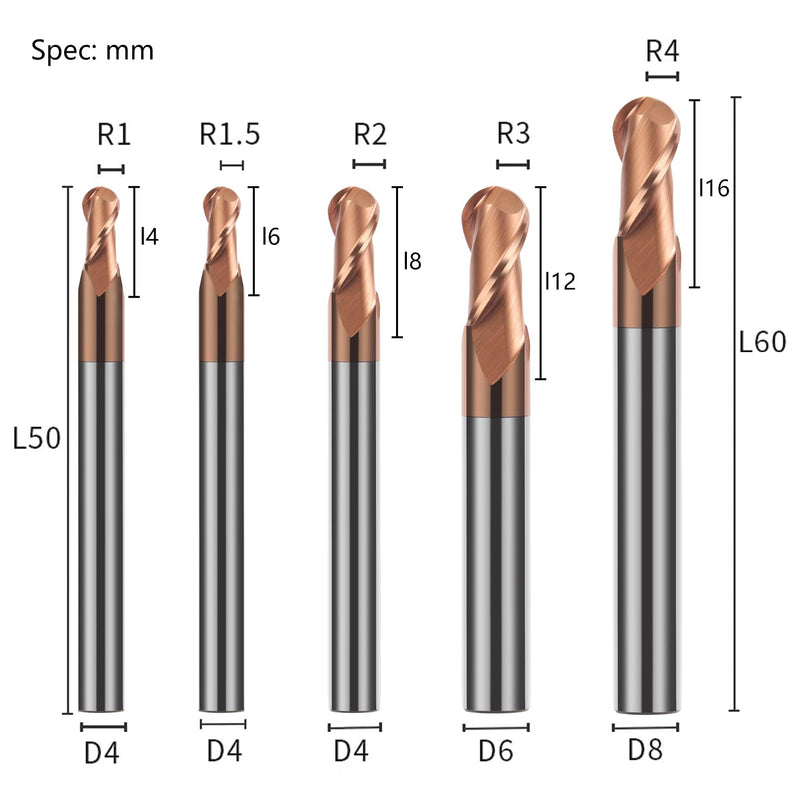 5PCS Ball Nose Carbide End Mill Set HRC55 CNC Cutter Router Bits 2 Flute Spiral Milling Tool Radius 1mm 1.5mm 2mm 3mm 4mm Milling Cutter R1+R1.5+R2+R3+R4mm-HRC55 5