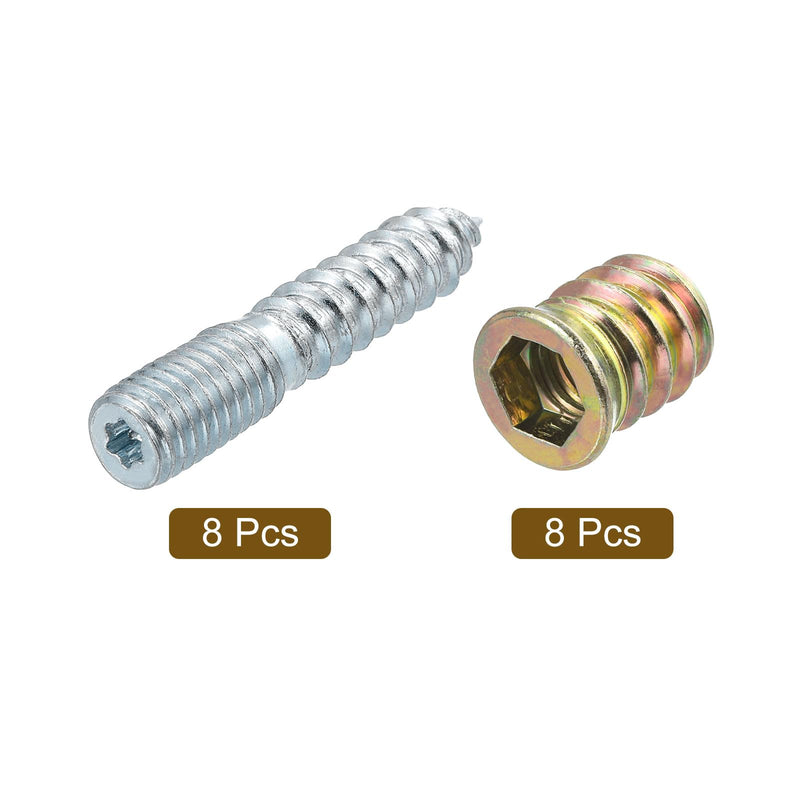 uxcell M10x50mm Hanger Bolts, 8pcs 30mm Wood Dowel Screw Self-Tapping Screw with 8pcs M10x20mm Threaded Insert Nuts Interface Hex Socket Drive, for Joint Furniture Legs 8