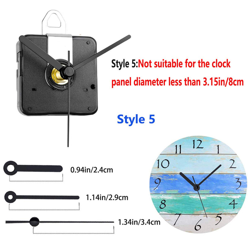 2 Pack Non Ticking Wall Miniature Clock Movements Mechanism with 5 Pairs of Short Hands Quartz Motor Kit Battery Operated DIY Repair Parts Replacement, 5/32 In Max Dial Thick, 1/2 In Shaft Length Shaft Length 1/2 Inch