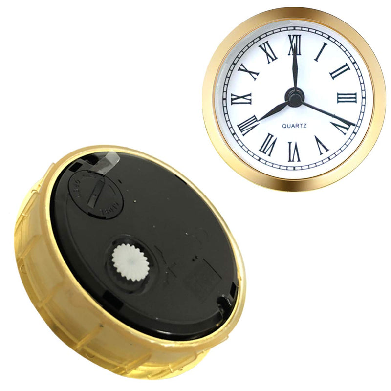 HILLHOME Mini Clock Insert 2.4 Inch (61 mm) Round Quartz Clock Fit-up Movement Miniature Clock White Dial Gold Tone Bezel Roman Numerals (Gold)