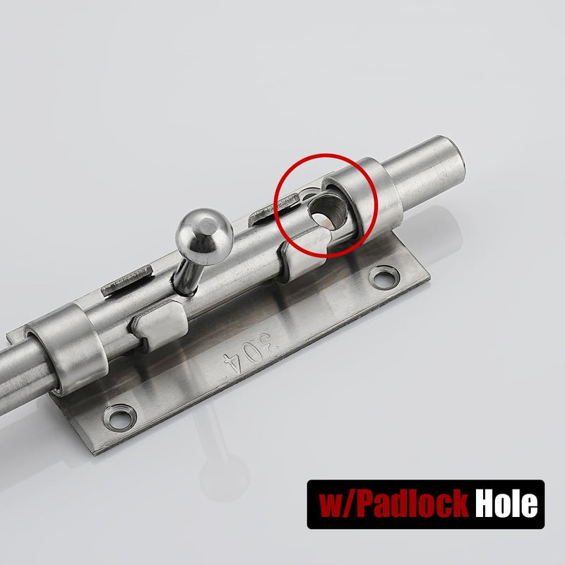 JQK Sliding Bolt Gate Latch, 6.3 Inch (Thick 2.4mm) Heavy Duty 304 Stainless Steel Barrel Bolt with Padlock Hole, Interior Door Latches Brushed Finish 2 Pack, DL300-BN-P2 6Inch(2 Pack) Brushed Steel