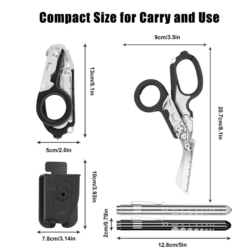 6 In 1 Multi-function Trauma Shears Foldable with Compatible Holster and Penlights,Emergency Rescue Shears with Strap Cutter and Glass Breaker for Outdoor Medical Scissors Tools Black