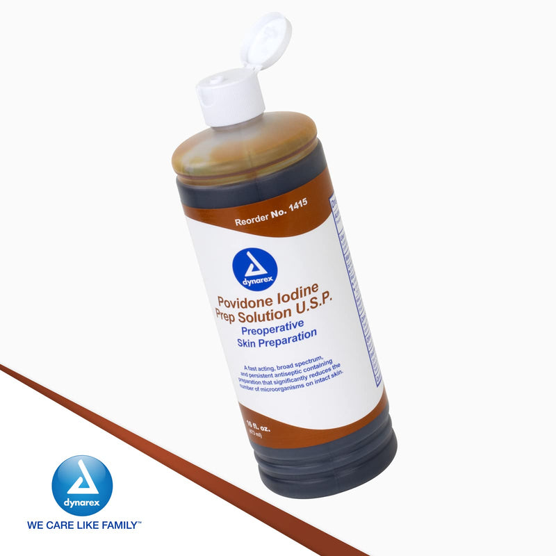 Dynarex Povidone Iodine Prep Solution USP, Effective Topical Antiseptic Liquid for Skin and Mucosa, Cleansing and Preparation, Brown, 1 - 16 Fluid Oz. Bottle Unflavored 16 Fl Oz (Pack of 1)