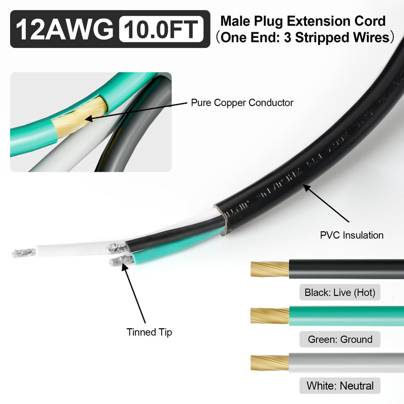 10 FT Male Plug Extension Cord, 125 V 20 A 3 Prong 3-Wire Straight Blade Plug with AWG 12 Cable, Replacement Power Cord, Includes 5 Heat Shrink Tubes, UL (Male Black 1 Pack) Male Plug/AWG12/10 FT