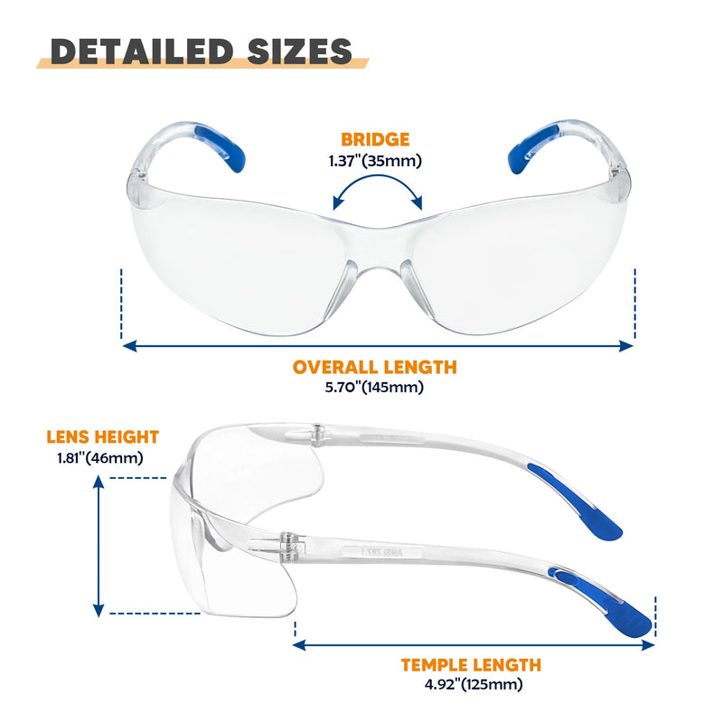 Clear Safety Glasses 24pk, Protective Eyewear UV Protection ANSI Z87.1, Safety Goggles Scratch& Impact Resistant Eye Protection for Men Women Work Construction Lab Clear& Blue Frame Clear Lens/Blue Tips 24pack