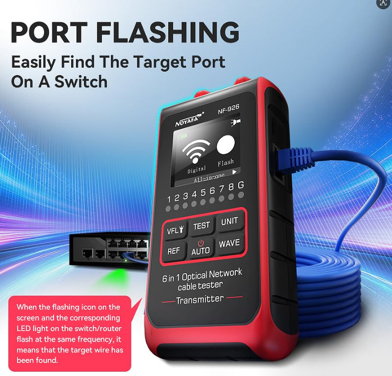 6 in 1 Optical Network Cable Tester, OPM with 10 Wavelengths | VFL, Port Flash, Cable Continuity, Remote Testing, Multifunctional Rechargeable Network Tool