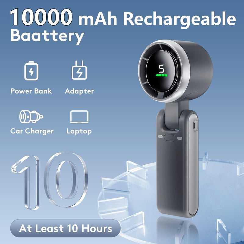 Portable Handheld Mini Fan, Foldable Powerful Winds Turbo Fans, 10000mAh Battery & 50000RPM Speed, USB Rechargeable Personal Fan with 5 Speed, Digital Display For Women Men Travel Camping Outdoor Grey