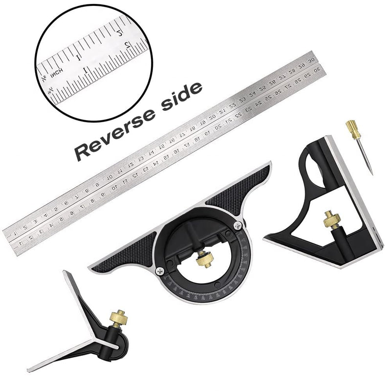 BAUSATZ 12 inch Stainless Steel Combo Square - Universal Bevel 180 Degree Angle Combination Square Set Protractor Ruler