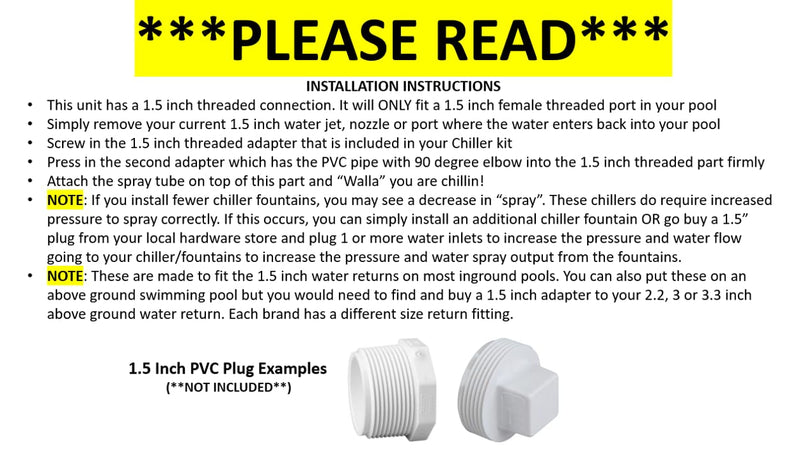CHILLA Decreases Water Temperature 6-10 Degrees NO ENERGY REQUIRED Inground Swimming Pool Cooler Chiller Fountain DIY Install and Remove Waterfall Spray In-Ground Return Sprayer Relaxation Chilling