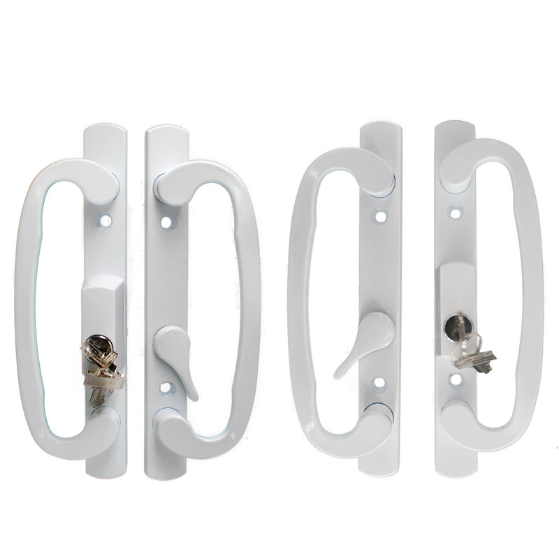 Patio Door Handle 3-15/16 Inch(10cm) Hole spacing（Right and Left Handed White Sliding Door Handle Set Mortise Style, keyed（Offset Position） offset position