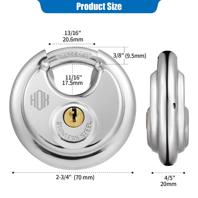 HOX Keyed Disc Padlock, Stainless Steel Keyed-Alike Padlocks, 4-Pack Heavy Duty Locks, Waterproof Outdoors Lock with 3/8 Inch Shackle, 2-3/4 Inch Wide Body, for Hasp Latch, Fences, Storage Locker DP-4P