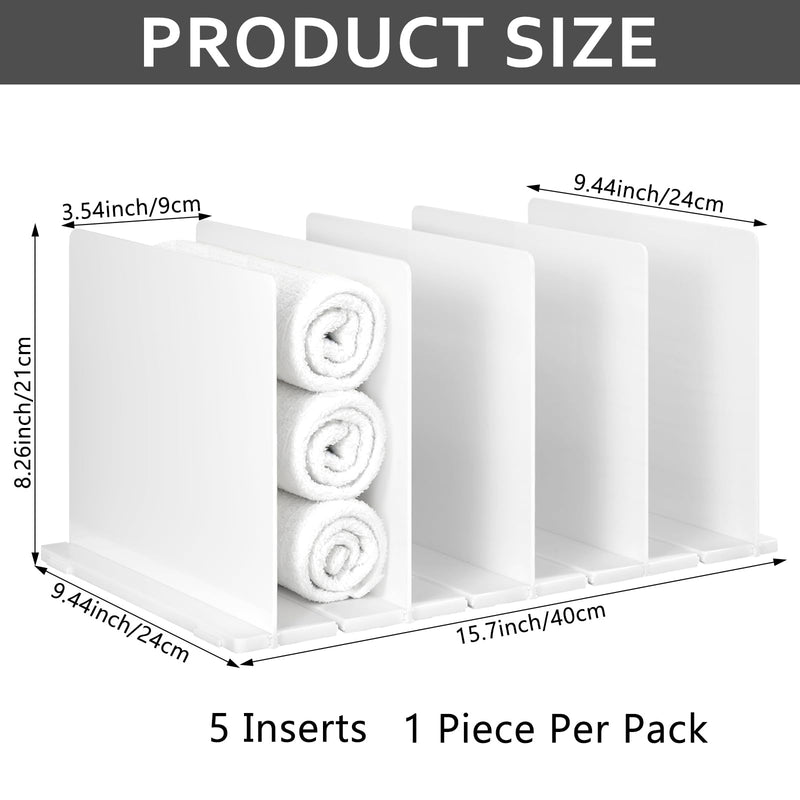 Towel Organizer for Closet, White Interlocking Towels Rack Storage, Space Saving Bathroom & Cabinet Under Sink Closet Towel Organizer, Beach & Bath Towel Holder (Partition 5)