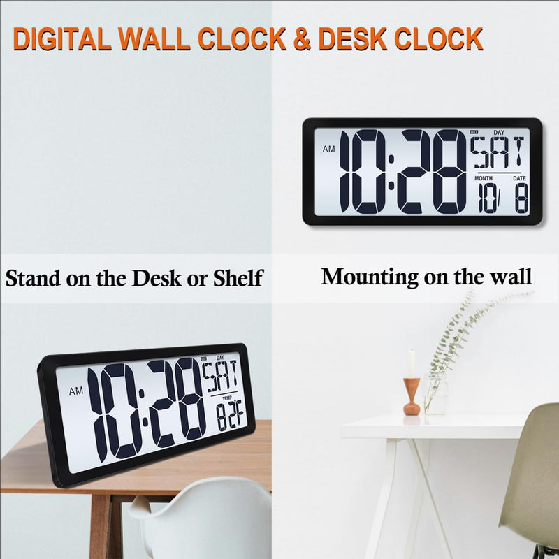 15 Inch Large Rechargeable Digital LCD Wall Clock with Backlight Glow in the Dark,Night Light Wall Clock with Week,Date & Temperature,DST,Alarm Display for Living Room, Bedroom, Gift for Elderly Black