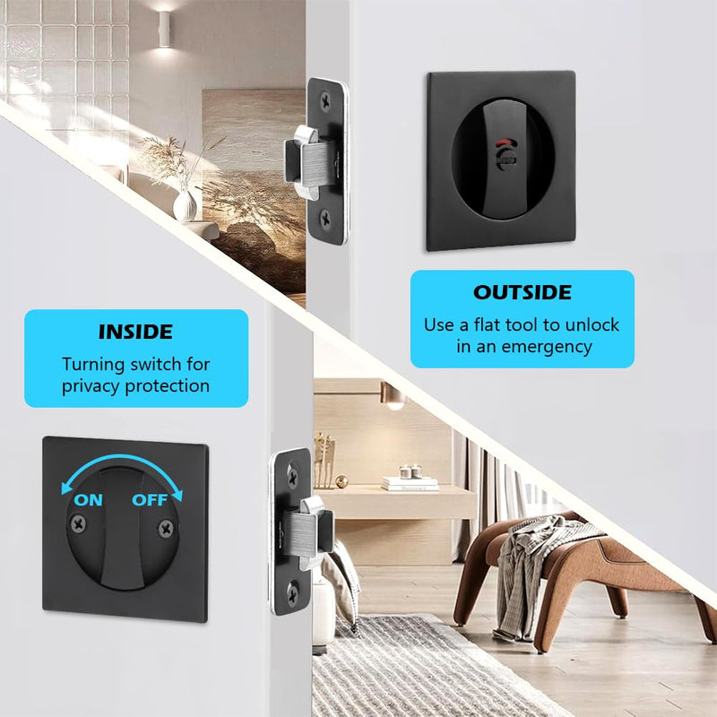Pocket Door Hardware,Black Contemporary Privacy Square Pocket Door Lock, Pocket Door Latch,Matte Black Contemporary Pocket Door Privacy Lock,Sliding Door Lock,1 Pack