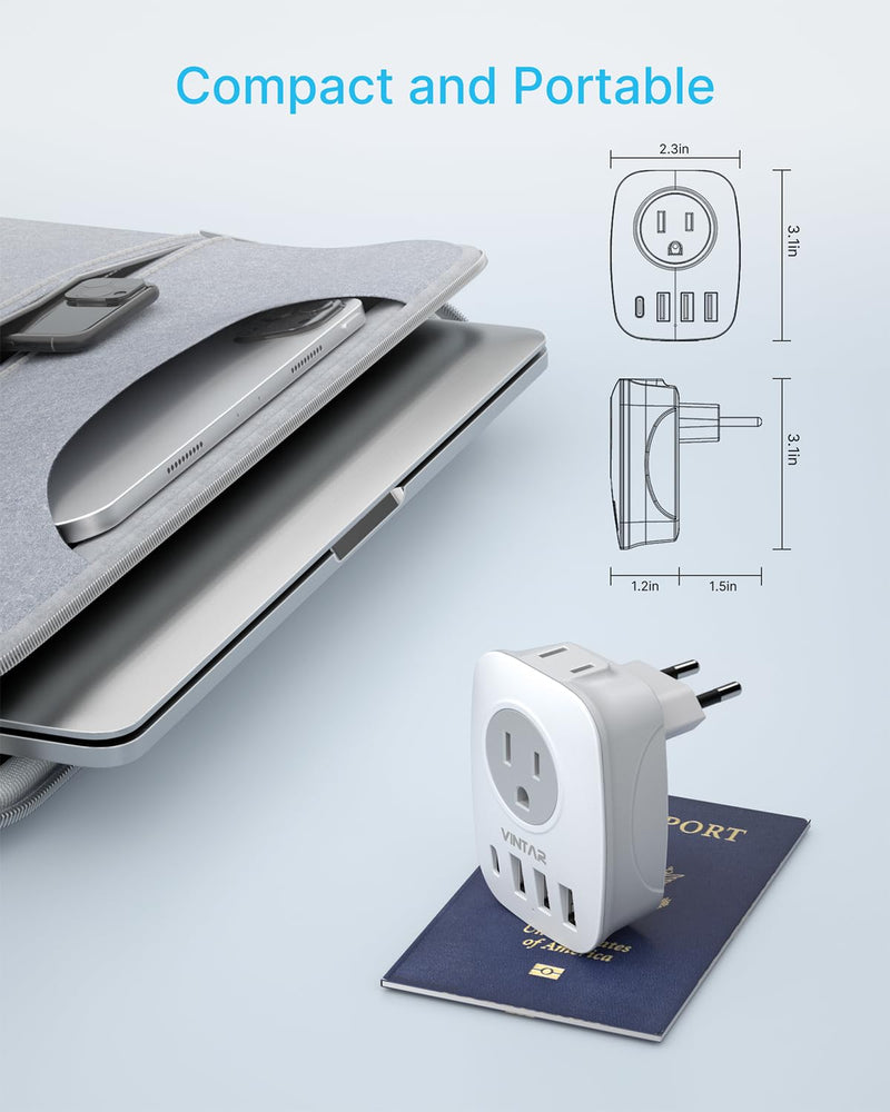 2 Pack European Travel Plug Adapter, VINTAR International Power Plug Adapter with 1 USB C, 2 American Outlets and 3 USB Ports, 6 in 1 Travel Essentials to Most of Europe Greece, Italy(Type C) Type C - Most of Europe